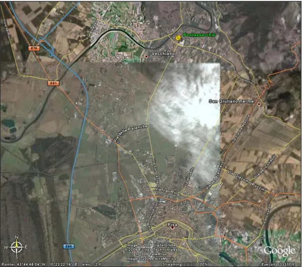 Figura 1.2 -  Viabilità nel comune di Pisa vista dal satellite (fonte GoogleEarth). 