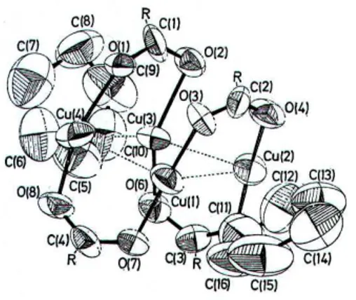 Figura 13: Diagramma ORTEP 30  del complesso Cu 4 (CF 3 COO) 2 (C 6 H 6 ) 2 .  SOCF 3 O O O OSOCF3 Cu Cu CuCu O O O O SOCF 3 SOCF 3 CH 3CH3