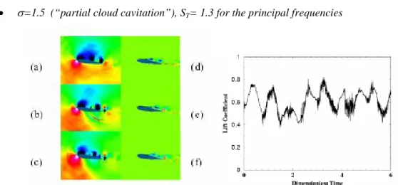 Figure 8.7 – NACA 0015 pressure profile (a, b, c) and vorticity (d, e, f) for a cavitating flow ( σ=1.5) and 