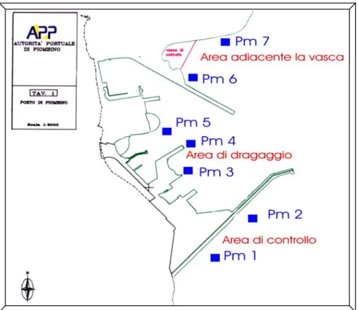 Figura 3.1-1 Disposizione delle sette stazioni di monitoraggio all’interno del porto di Piombino 