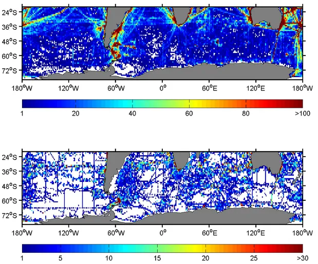 Figura 3.5: Distribuzione spaziale di tutti i proli di temperatura (pannello superiore) e di salinità (pannello inferiore) su di una griglia di 1 ◦ × 1 ◦ .