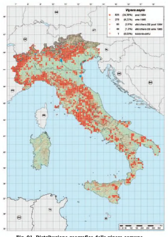 Fig. 01- Distribuzione geografica della vipera comune  in Italia (da Zuffi 2006). 