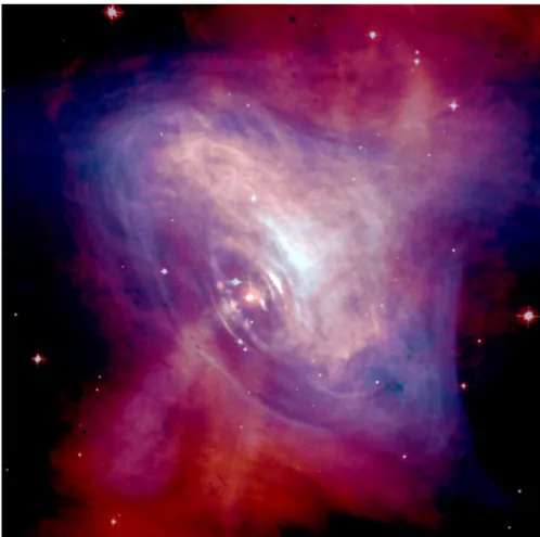 Figura 1.3: Pulsar del Granchio, al centro della nebulosa. Da notare  l’emissione di luce evidenziata dall’interazione con i gas della nebulosa