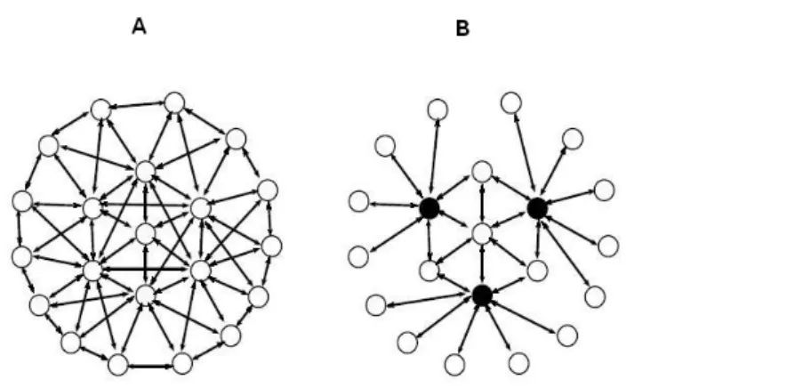 Figura 4.8:  Esempio di comunicazione broadcast  in una rete. In A è rappresentato il  broadcast completo dove ogni nodo invia e riceve più volte lo stesso messaggio