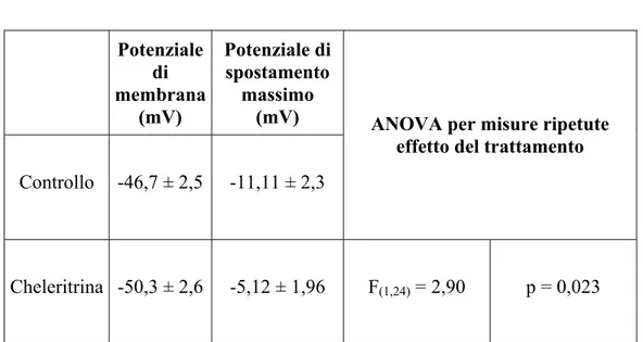 Tabella 4  Potenziale  di  membrana (mV)  Potenziale di spostamento massimo (mV)  Controllo  -46,7 ± 2,5 -11,11 ± 2,3 