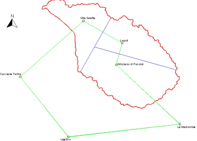 Fig. 2.1:  Topoieti relativi alle stazioni pluviometriche di Legoli, Villa Saletta e Ghizzano