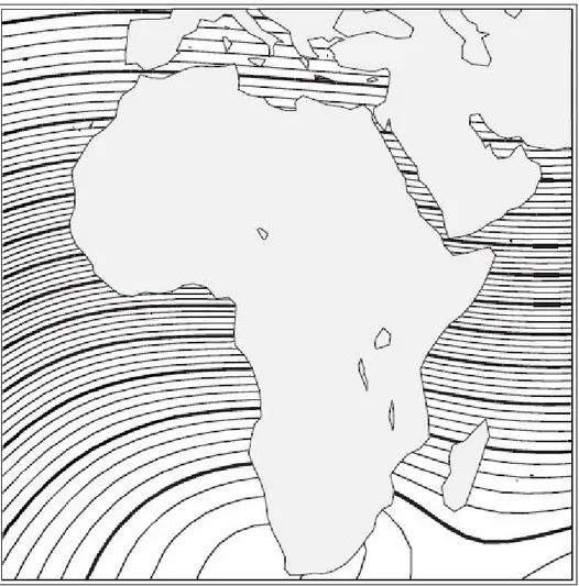 Figura 8.Isocline lungo le coste dell'Africa. Le isocline adiacenti   rappresentano variazioni di 2°, mentre le linee più scure di 10°