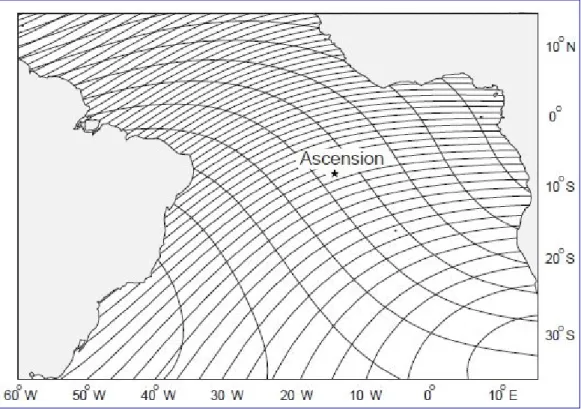 Figura 9. Isocline e isodinamiche attorno all’Isola di Ascensione. Le Isocline sono allineate in  direzione NE-SO, le Isodinamiche in direzione NO-SE