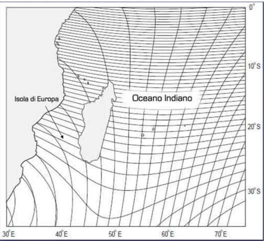 Figura 10. Isocline e Isodinamiche nell’Oceano Indiano occidentale.  Le isocline sono allineate in direzione E-O, le isodinamiche in direzione N-S