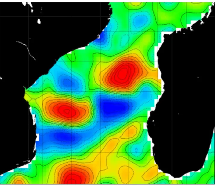 Figura 11.Schema a falsi colori che mostra le anomalie dell'altezza del mare nel Canale di  Mozambico, nell’Oceano Indiano occidentale