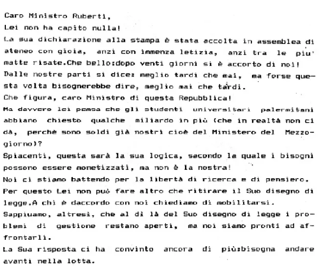 Figura 2 Lettera al Ministro Ruberti dopo la manifestazione  del 20/12/89. Fonte: CD-ROM