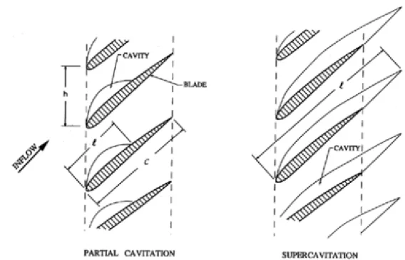 Figura 1.21 – Cavitazione parziale e supercavitazione su una schiera di profili [4]  