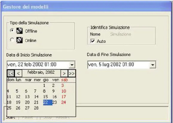 Fig. 3.4. Il gestore dei modelli consente di selezionare il tipo di simulazione e la  data di inizio e di fine simulazione