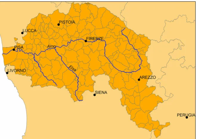 Fig 1.1Bacino idrografico dell’Arno (Autorità di bacino del fiume Arno) 