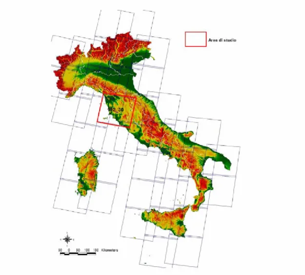 Figura  2.2  :griglia  delle  immagini  Landsat  relative  al  territorio  italiano,  nel  riquadro  rosso  l’area  della  Toscana (Istituto Nazionale di Geofisica e Vulcanologia, Pisa) 