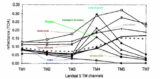 Figura 4.2: riflettanza di alcune categorie di superfici rilevate  mediante 20 Landsat TM – 5 del Portogallo  (Chuvieco, 1999)