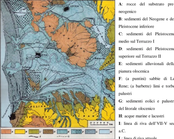 Figura 2.1.1: carta geomorfologica schematica della Pianura di Pisa e dei rilievi contermini  (Mazzanti, 1994) 