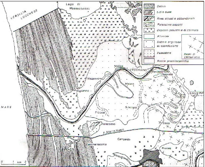 Figura 2.2.1 Carta geomorfologia schematica della Pianura Settentrionale Pisana (Banti et al