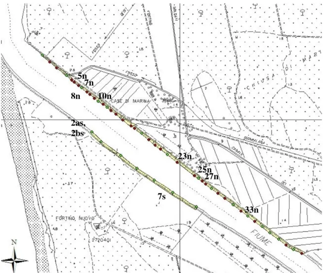 Figura I.3: Profili n°: 5, 7, 8, 10, 23, 25, 27, 33 sponda Nord; 2a, 2b, 7 sponda Sud