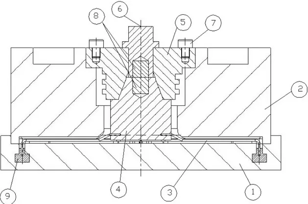 Figura 2.4: Sezione dell'assieme degli elementi utilizzati per la realizzazione della ventosa: 1 stampo inferiore; 2  stampo superiore; 3 anima petali; 4 anima centrale; 5 tappo; 6 portacalamita; 7 vite; 8 calamita; 9 inserto