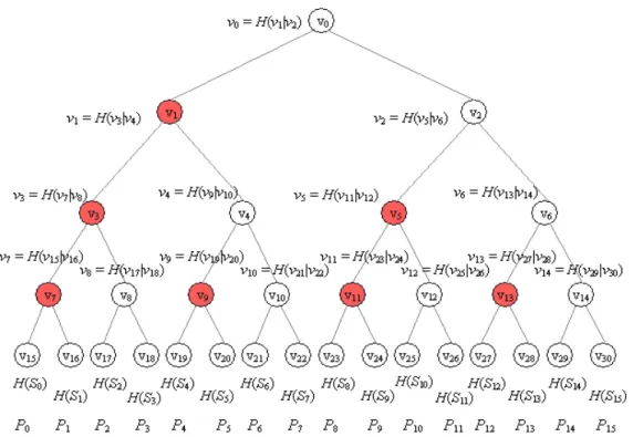 Figura 16: Merkle tree per n = 16 payload packets; gli shares in rosso sono quelli interessati  nella procedura di sfoltimento