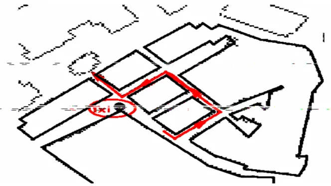 Figura 3.2 Posizione del trasmettitore e percorso su cui sono posti i ricevitori. 