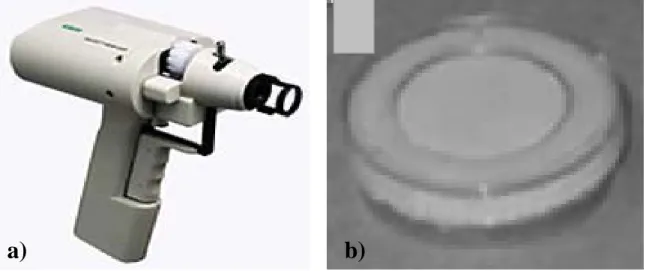 Figura 2.3 - a) gene gun; b) dispositivo di filtraggio dei proiettili (v. testo). 