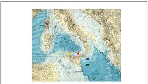 Fig. 2.1 - Siti esplorati dalla collaborazione NEMO: Alicudi(triangolo rosso), Ustica (anello  giallo), Capo Passero ( quadrato verde)