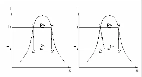 Fig. 1. 10  Diagramma T-s del ciclo di Carnot nel campo dei vapori saturi e di Joule (umido)