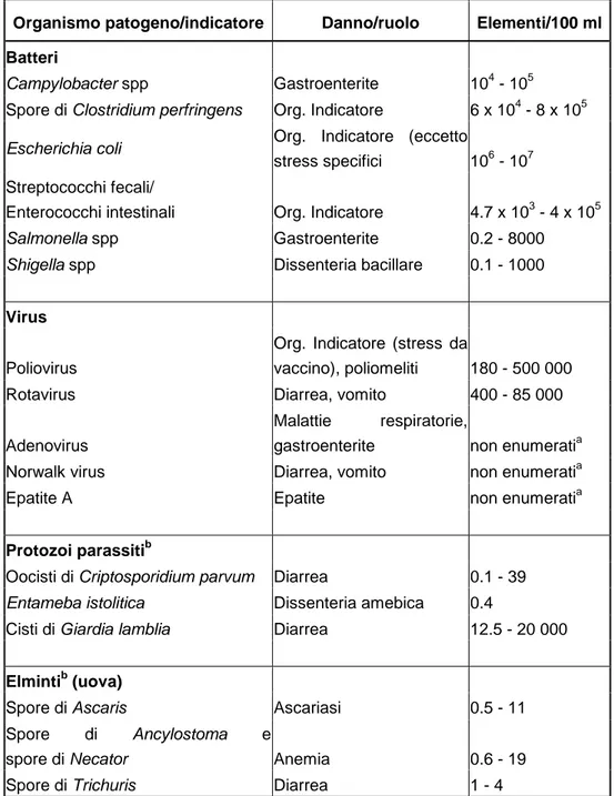 Tabella 1.2 – Esempi di concentrazioni di organismi patogeni e indicatori nelle fogne grezze 