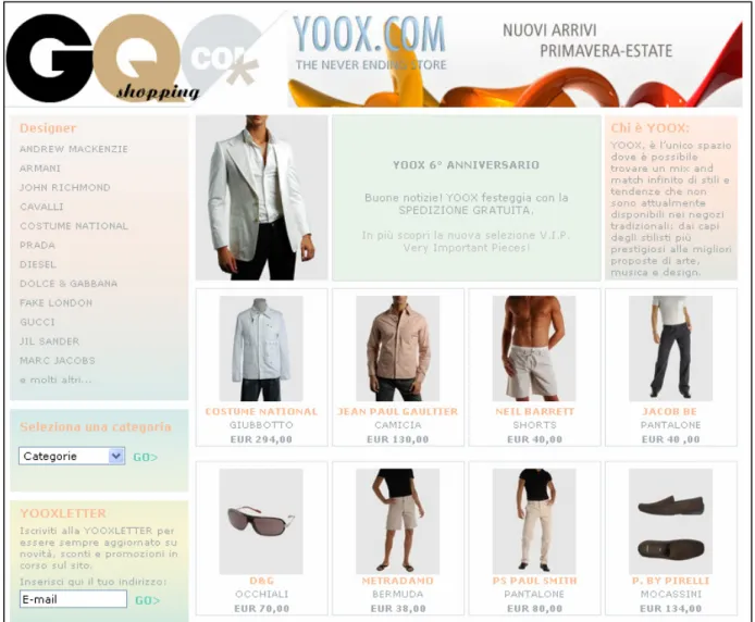 Figura 10. La pagina web dedicata a Yoox nell’area shopping del sito GQ. Fonte: GQ.com 