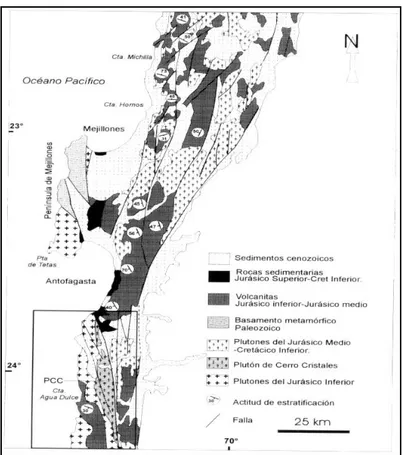 Figura 2 : Carta geologica della Cordigliera della Costa, nei pressi di Antofagasta (modificato dalla carta  1:1.000.000 dell’ Instituto de Investigaciones Geológicas; Rössling,1989)
