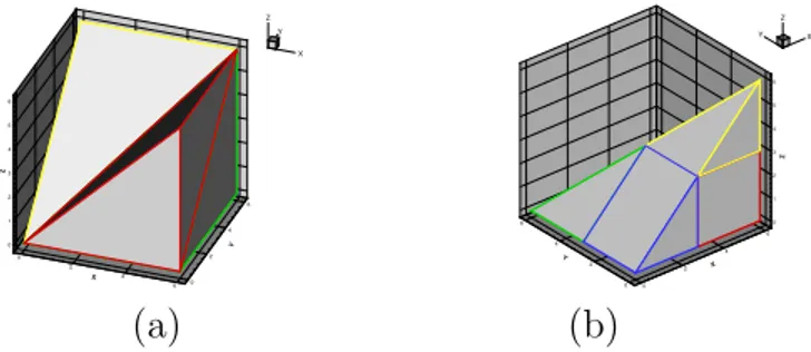 Figure 2.1. New finite-volume cells in 3D: (a) division in tetrahedrons, (b) trace of BC on a tetrahedron resulting from the previous division.