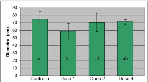 Fig. 7:  Diametro medio della chioma dopo tre mesi dal trattamento per via fogliare con 1, 2  e 4 ml/l di Topflor  (lettere diverse indicano differenze significative per p&lt;0.05 LSD test; 