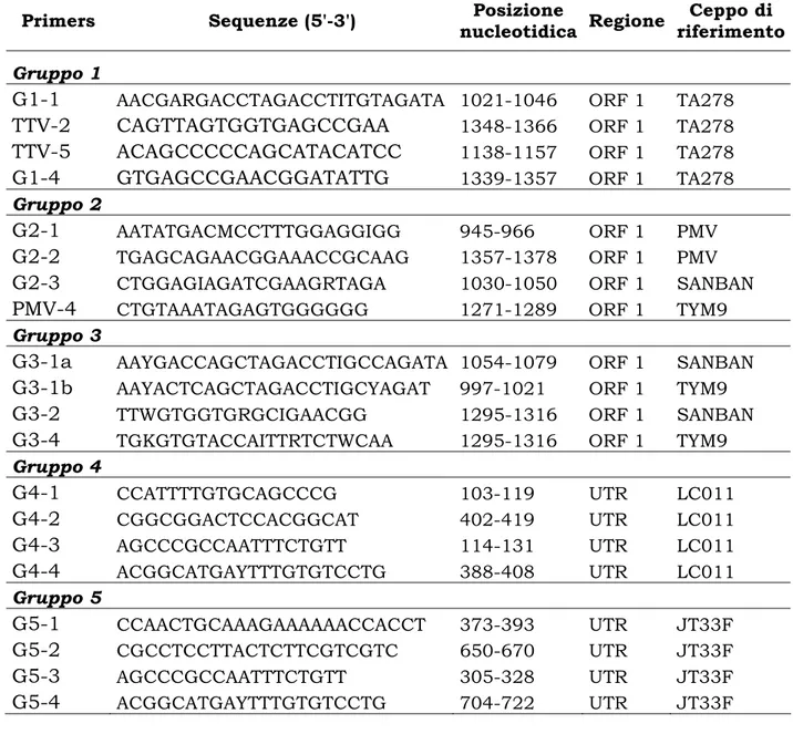 Tabella II.1: Caratteristiche dei primers utilizzati nella  genotipizzazione di TTV. 