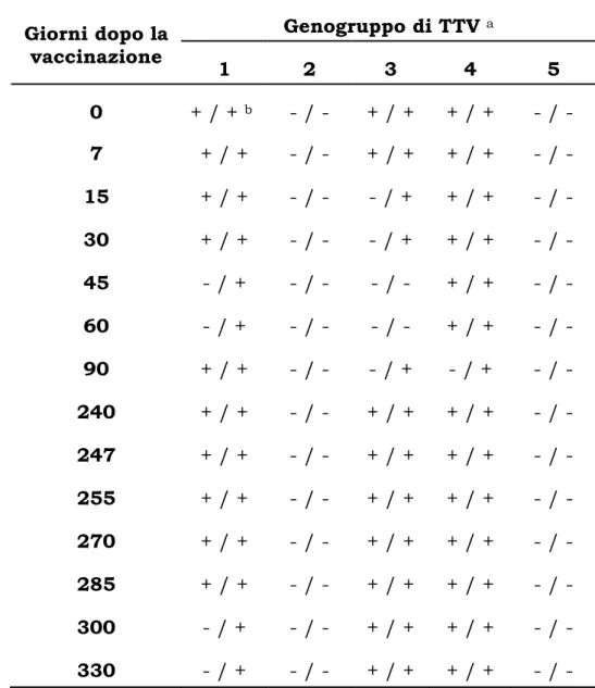 Tabella III.1: Genogruppi di TTV identificati nel plasma e nei  PBMC del soggetto MON a diversi giorni dopo la vaccinazione  contro HBV (giorno 0) e influenza (giorno 240)