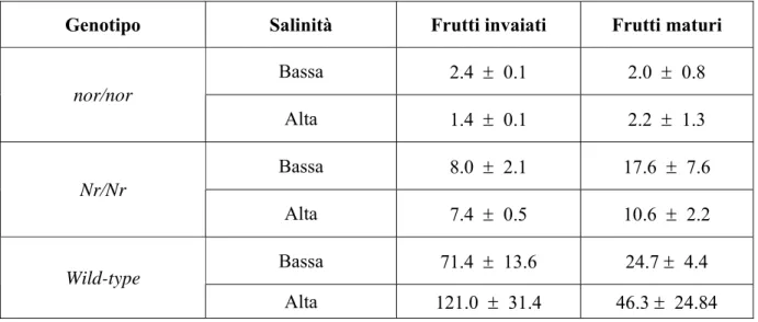 Tabella 3.3 L’effetto della salinità sull’evoluzione dell’etilene (nL h-1 g-1 FW) in frutti  isolati di differenti genotipi di pomodoro allevati in coltura idroponica su un substrato di  lana di roccia in un ciclo-chiuso in primavera