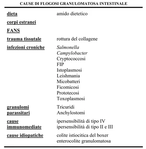 Tabella 2.5  Cause di flogosi granulomatosa intestinale  (Guilford (c), 1996) . 