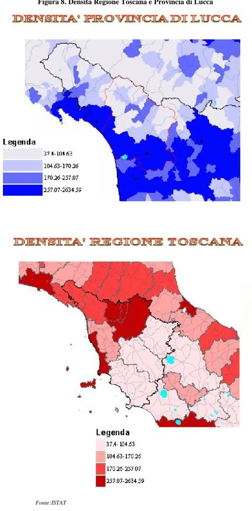 Figura 8. Densità Regione Toscana e Provincia di Lucca     