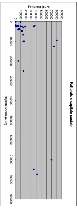 Figura 8 - Età dell’azienda, capitale  sociale e fatturatoFatturato e capitale sociale01000002000003000004000005000006000007000008000009000000100000200000300000400000500000600000700000800000900000Capitale sociale (euro)Fatturato (euro) Capitale sociale età