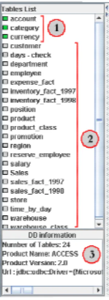 Figura 10: Pannello Table List durante la connessione ad un Database. 1- Tabelle pronte all’uso, 2- Tabelle non  ancora processate, 3- informazioni del database correntemente in uso