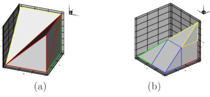 Figure 2.1. New finite-volume cells in 3D: (a) division in tetrahedrons, (b)