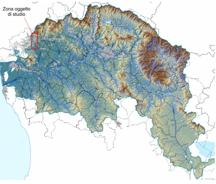 Figura 1.1: Bacino del fiume Arno e zona di interesse 