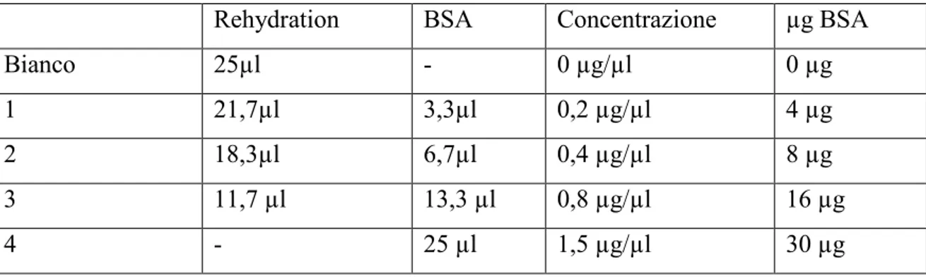 Tabella 5.  Diluizioni della BSA per la retta di taratura. 