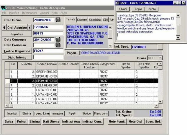 Figura 51: Specifiche di Linea di un codice richiamate dalla finestra “Ordini di Acquisto” 