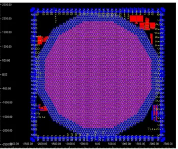 Figura 4.5: Immagine della pixmap di ASIC I. L'area attiva è circondata da un guard ring di 4 pixel (in blu).