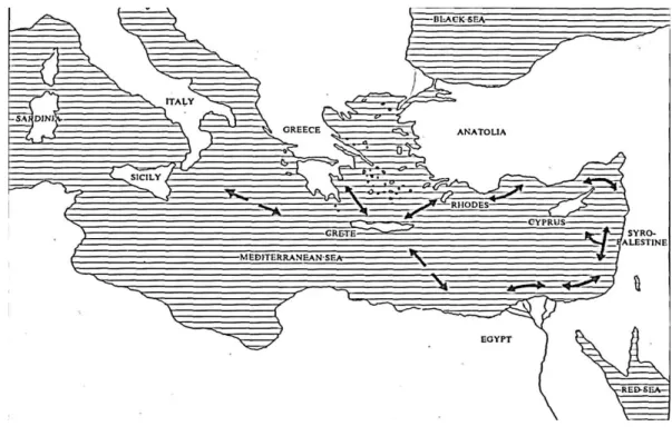 Fig. 4.3  Probabili rotte marittime lungo il Mediterraneo durante la Tarda Età del Bronzo 