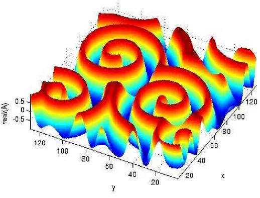 Figura 4.3: Immagine di al
une spirali, in gura il plot di Re(A) dove ω è la frequenza di rotazione della spirale, F (r) &gt; 0 è l'ampiezza e ψ(r) è la fase.