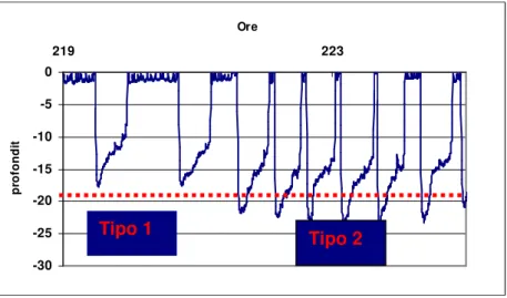 Figura 8: Esempio di immersioni di Tipo 1 e 2 nella tartaruga D1; la linea tratteggiata in rosso  rappresenta la soglia di profondità che distingue il Tipo 1 dalTipo 2