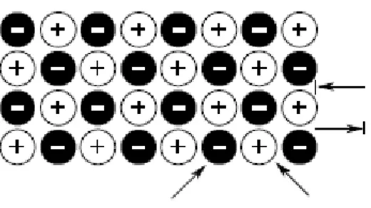 Figura A5.3: Un semplice reticolo atomico con indicate le cariche elettriche [2.1]. 
